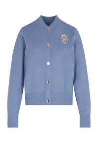 Cardigan azzurro chiaro a maniche lunghe con polsini e orlo a costine, bottoni circolari dorati e stemma ricamato sul petto sinistro.