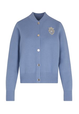 Light blue long-sleeve cardigan with ribbed cuffs and hem, gold circular buttons, and embroidered crest on left chest.