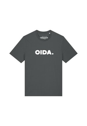 T-shirt gris foncé à manches courtes avec texte blanc en gras "OIDA." imprimé au centre devant.