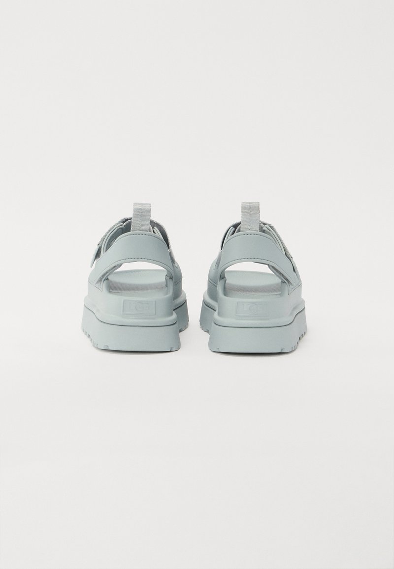 Vista posteriore blu chiaro di sandali con piattaforma, caratterizzati da cinturini regolabili, una soletta imbottita e una linguetta di rinforzo per un facile indossamento.