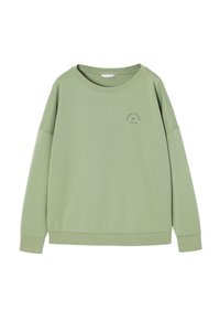 Felpa verde realizzata in un tessuto morbido, con scollatura tonda, spalle basse e un piccolo logo al centro. Vestibilità comoda, maniche lunghe.