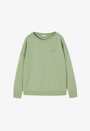Groene sweatshirt van zacht materiaal, met een ronde hals, verlaagde schouders en een klein logo in het midden. Relaxte pasvorm, lange mouwen.