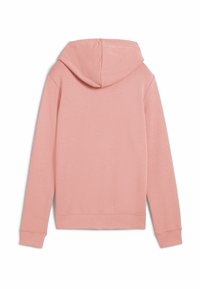 Sudadera rosa claro con una textura suave, mangas largas y capucha con cordón. Presenta puños y bajo acanalados. Vista trasera plana.