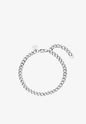 Armband aus Silbermetall mit verbundenen ovalen Gliedern und einem Karabinerhaken, ausgestattet mit einer kurzen verstellbaren Kette und einem kleinen Anhänger.