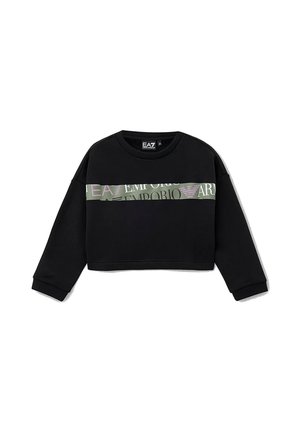 Felpa corta nera a manica lunga con una fascia orizzontale verde oliva sul petto con la scritta "EA7 Emporio Armani."