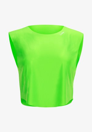 Grøn crop top med en glat, genkendelig overflade, brede ærmegennemsnit og en rund halsudskæring. Har minimal branding på skulderen.