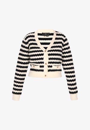 Fekete-fehér csíkos kardigán puha kötésből. V-alakú nyakkivágással, gombos elülső résszel, bordás mandzsettákkal és két elülső zsebbel rendelkezik díszgombokkal.