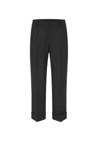 Dark grey tailored trousers with a textured fabric, featuring a flat front, two pleats, and rolled cuffs at the hem.