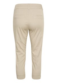 Beige, cropped pants with a smooth texture, featuring two back pockets and a fitted waistband. Simple design, no visible patterns or hardware.