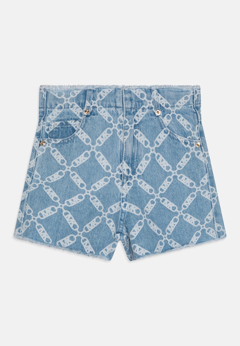 Denim shorts with a light blue base, featuring a repeating white chain pattern. Includes two pockets and a raw edge hem.