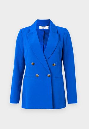 Modrý dvouřadový blazer se zlatými knoflíky, klopami a dvěma předními kapsami. Vyrobeno z hladkého materiálu se sladěným střihem.
