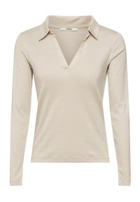 Maglietta polo beige a maniche lunghe con scollo a V e colletto classico, realizzata in un tessuto morbido e leggero. Design semplice senza motivi.