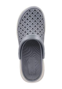 Gray rubber clog with a woven pattern and a textured insole, featuring a soft heel strap and a beige outer sole.