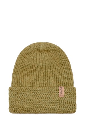 Gehaakte beanie in licht olijfgroen met geribde textuur en een omgeslagen manchet. Bevat een klein leren logo-label aan de zijkant.