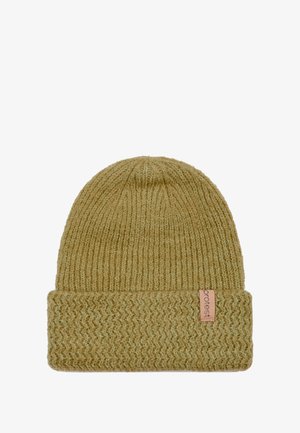Pletená čepice v jasné olivově zelené barvě s žebrovanou texturou a ohnutým lemem. Na boku má malou koženou štítek s logem.