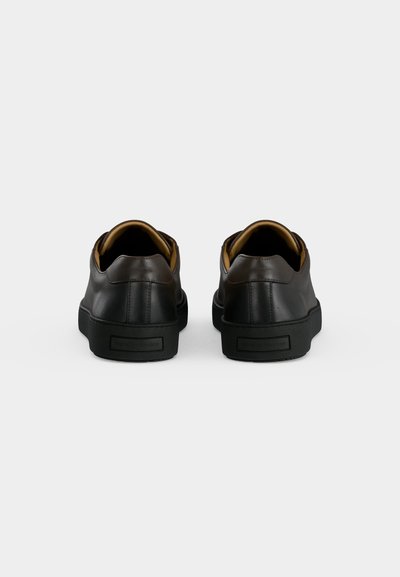 Ζευγάρι μαύρα δερμάτινα sneakers χαμηλού προφίλ με μαύρες λαστιχένιες σόλες, εμφανισμένα από πίσω σε απλό φωτεινό φόντο.