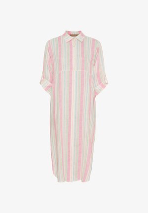 Stripet kjole i pink, hvid og pastelfarver. Har krave, knaplukning foran og ærmer med trekvart længde og rullekanter. Letvægtsstof.