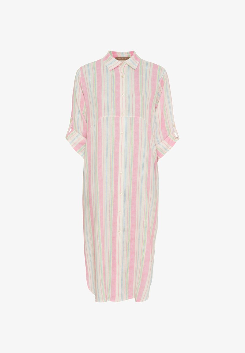 Stripet kjole i pink, hvid og pastelfarver. Har krave, knaplukning foran og ærmer med trekvart længde og rullekanter. Letvægtsstof.
