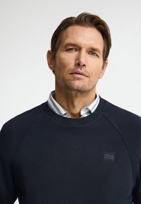 Hombre con pelo castaño corto que lleva una sudadera azul marino sobre una camisa de botones a rayas, mirando hacia adelante con expresión neutral.