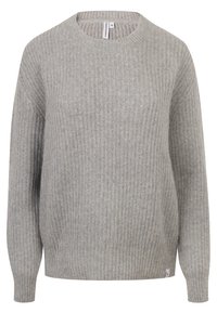 Pull tricoté gris clair avec un col rond, des manches longues et une texture côtelée. Comprend une petite étiquette à l'ourlet. Taille moyenne.