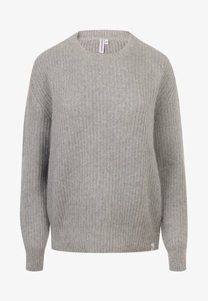 Hellgrauer Strickpullover mit rundem Ausschnitt, langen Ärmeln und gerippter Struktur. Verfügt über ein kleines Etikett am Saum. Größe M.