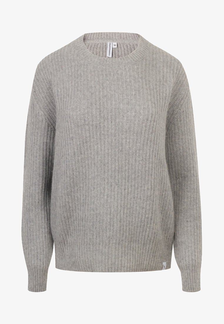 Pull tricoté gris clair avec un col rond, des manches longues et une texture côtelée. Comprend une petite étiquette à l'ourlet. Taille moyenne.