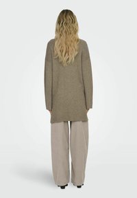 Un long pull vert olive avec épaules baissées, associé à un pantalon large beige clair. Texture lisse avec une coupe décontractée et un dos plus long.
