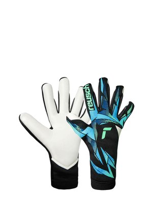 Pair of goalkeeper gloves, white palms, black backs with blue and green angular patterns and "reusch" branding on the index finger.