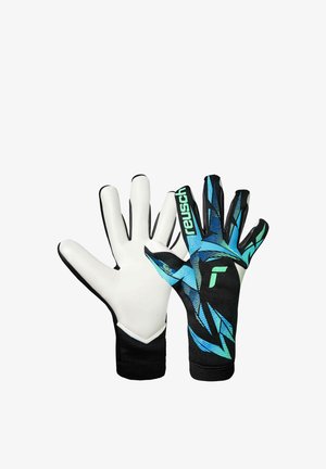 Pair of goalkeeper gloves, white palms, black backs with blue and green angular patterns and "reusch" branding on the index finger.