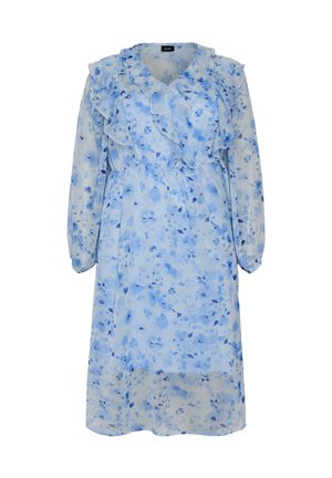 Lichtblauwe midi-jurk met lange doorschijnende mouwen, bloemenprint, geruffelde V-halskraag en een geplooide taille.