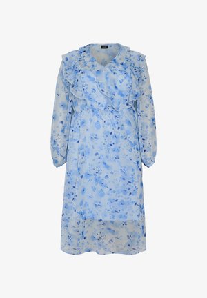 Hellblaues Midikleid mit langen, durchsichtigen Ärmeln, Blumenmuster, gerafftem V-förmigem Kragen und tailliertem Bund.
