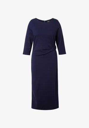 Navy blue knee-length dress with three-quarter sleeves, a round neck, and a twist detail at the waist, made from soft fabric.