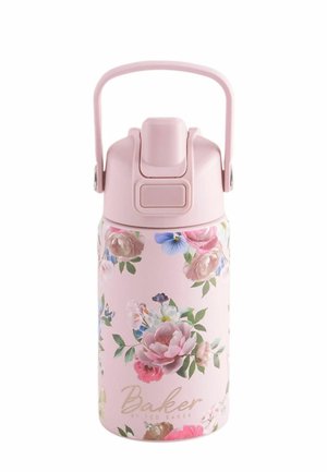 Pink floral patterned water bottle with a flip-top lid and carry handle, branded with "Baker by Ted Baker" text near the base.
