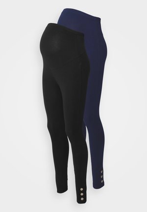 Maternity leggings set in black and navy. Soft, stretchy fabric with a high waistband. Black pair features three button accents at the ankle.