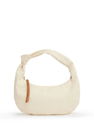 Borsa a spalla in tessuto crema con tracolla annodata e piccola cerniera marrone sul lato sinistro.