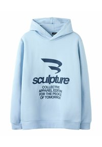 Ljusblå huvtröja med mörkblå text och logotyp som läser "Sculpture Collective Apparel Edition for the People of Tomorrow" på framsidan.