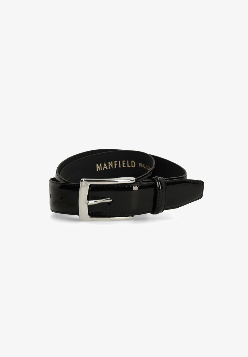 Black leather belt with a shiny finish, silver rectangular buckle, and multiple holes for adjustable sizing. Branding visible on the inner side.