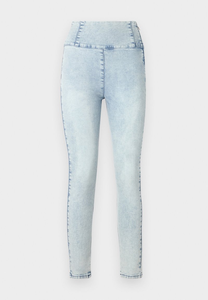 Jasnoniebieskie legginsy dżinsowe z wysokim stanem i dopasowanym krojem. Charakteryzują się delikatnym przetarciem i przeszyciami wzdłuż szwów.