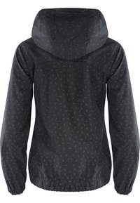 Veste noire à capuche avec un motif subtil de petites flèches grises, poignets élastiques et taille froncée, vue de dos.