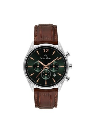 Montre ronde en argent avec cadran noir, index en or rose, trois sous-cadrans, guichet de date et bracelet en cuir marron avec surpiqûres.