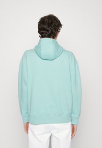 Sudadera con capucha en verde menta, de corte relajado, con puños acanalados, bolsillo tipo canguro y textura suave. Vista desde la parte posterior.