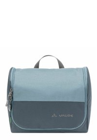 Neceser Vaude en tela azul y gris, con un asa en la parte superior, cierre de cremallera y detalle del logo. Superficie texturizada y diseño compacto.