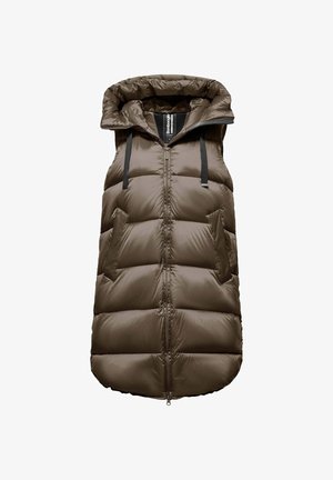 Gestepptes ärmelloses Weste in dunklem Olivgrün mit hohem Kragen, Frontreißverschluss und zwei Seitentaschen. Glattes, glänzendes Polyestergewebe.