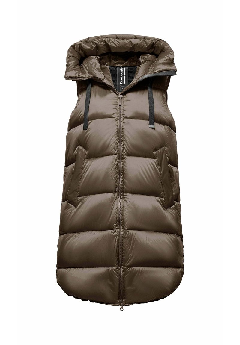 Padded sleeveless vest w kolorze ciemnooliwkowym, z wysokim kołnierzem, zamek błyskawiczny z przodu i dwiema bocznymi kieszeniami. Gładki, błyszczący materiał poliestrowy.
