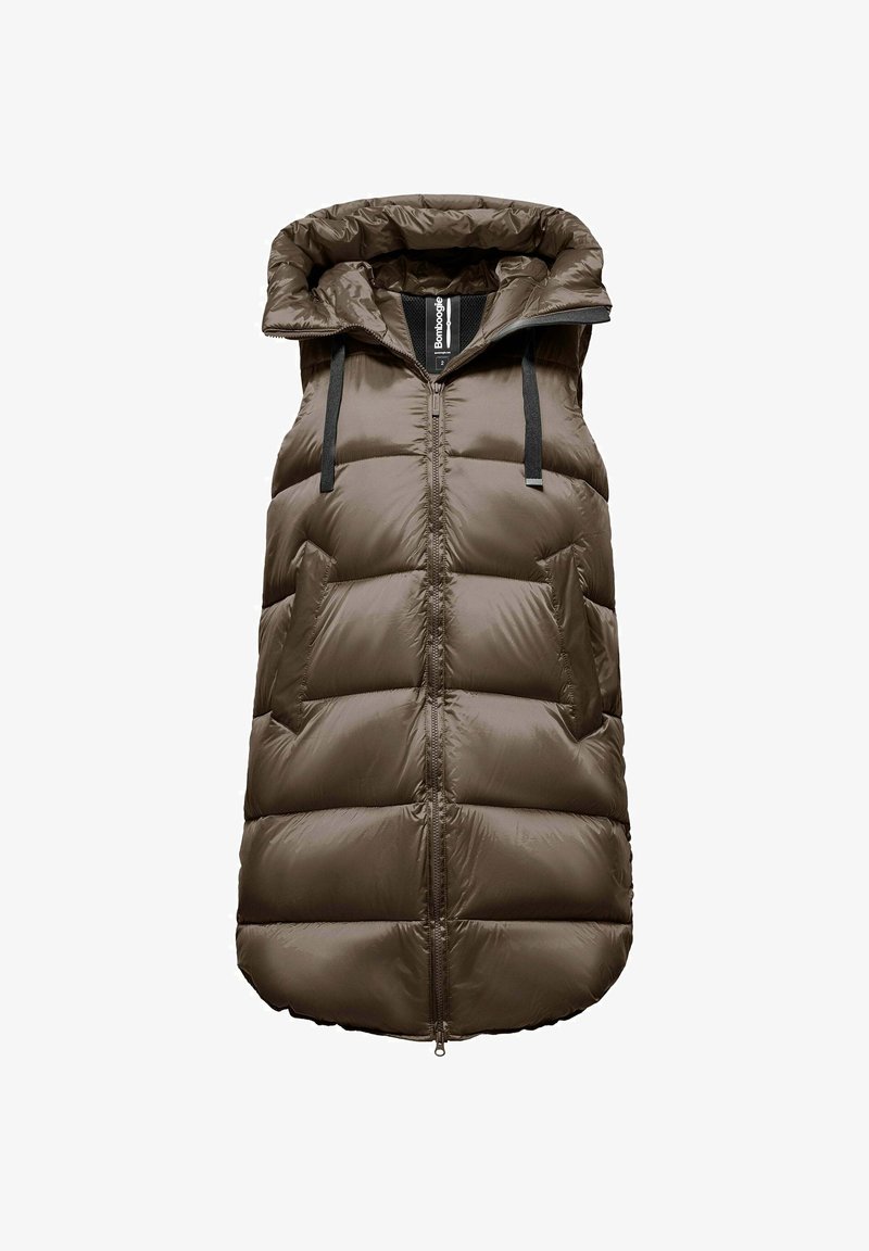 Padded sleeveless vest w kolorze ciemnooliwkowym, z wysokim kołnierzem, zamek błyskawiczny z przodu i dwiema bocznymi kieszeniami. Gładki, błyszczący materiał poliestrowy.