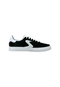 Sneakers neri in suede a taglio basso con suola in gomma bianca e dettagli bianchi. Presentano un logo laterale bianco e un design classico con lacci.