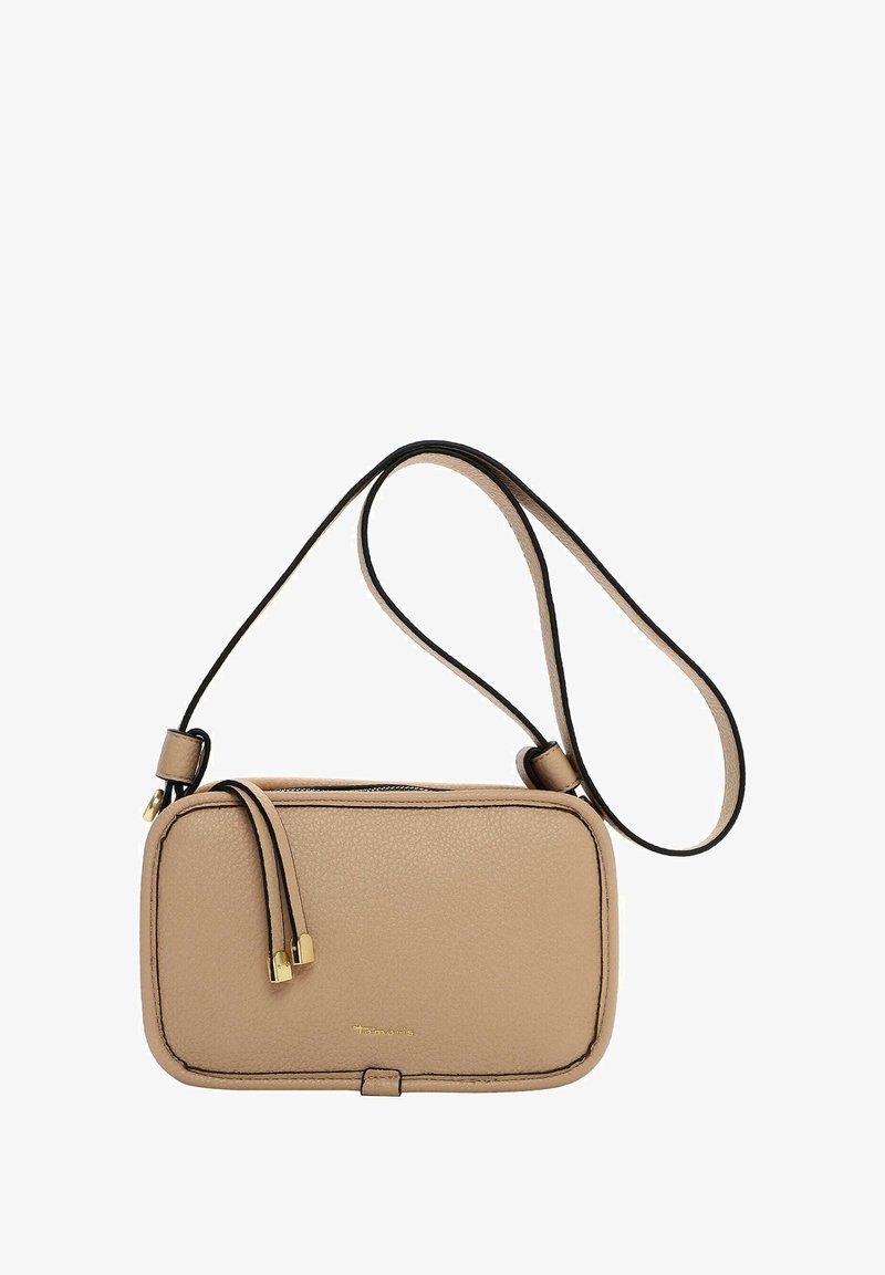 Borsa a tracollo in pelle beige con finitura texture, chiusura con zip e bordi neri a contrasto. Presenta una lunga tracolla regolabile.