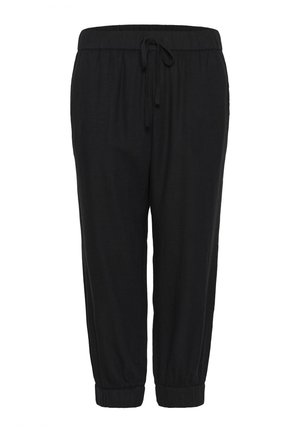 Schwarze Jogginghose aus weichem Material. Verfügt über einen verstellbaren Kordelzugbund und elastische Bündchen an den Knöcheln. Einfaches Design, ohne Muster.