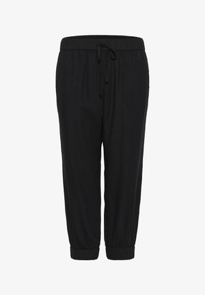 Schwarze Jogginghose aus weichem Material. Verfügt über einen verstellbaren Kordelzugbund und elastische Bündchen an den Knöcheln. Einfaches Design, ohne Muster.