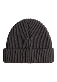 Cappello beanie lavorato a maglia grigio scuro con texture a coste, caratterizzato da un risvolto nella parte inferiore. Materiale morbido e elasticizzato.